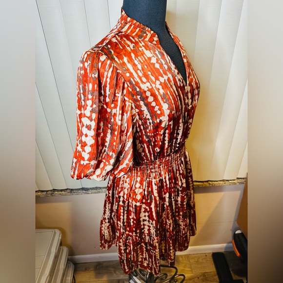 THML Cinnamon Craze Rust Puff Sleeve Mini Tiered Dress Size Medium - Picture 6 of 12